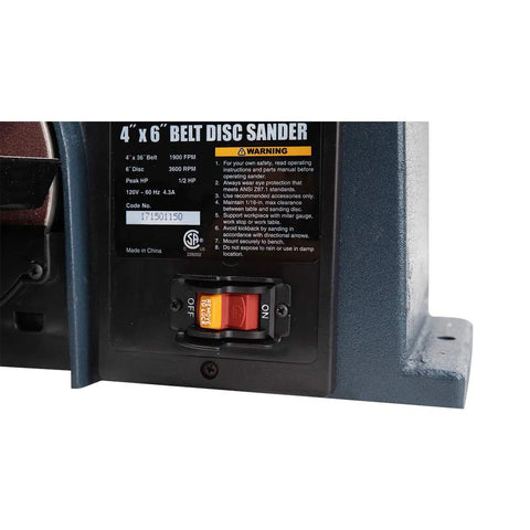 Close-up of control panel on rugged belt and disc sander combo for woodworking with 4 by 36 inch belt and 6 inch disc tilt tables.