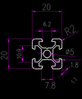 Heavy Duty 200mm T Slot Aluminum Profile For DIY Builds 1 Piece 20x20mm Silver Extrusion technical drawing with dimensions