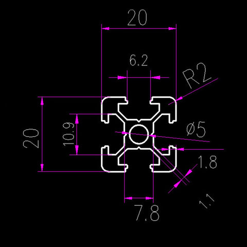 Heavy Duty 200mm T Slot Aluminum Profile For DIY Builds 1 Piece 20x20mm Silver Extrusion technical drawing with dimensions