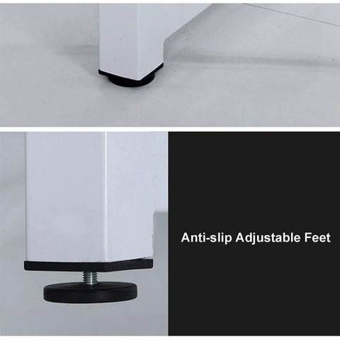 Close-up of the adjustable leveling feet on the Rock Solid Industrial Metal Table Frame With Heavy Duty Square Tube Furniture Legs.