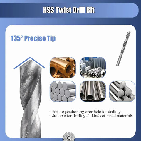 HSS twist drill bit with 135° precise tip, suitable for drilling metal materials, shown alongside images of metal pipes and rods