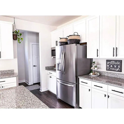 Modern kitchen with 30 Piece 3 Inch Black Cabinet Pulls Square Stainless Steel Handles With Screws For Kitchen Cabinets, Bathroom Vanities, And Drawers, Easy Install, Flat Black Finish PHJ22BK76 on white cabinets