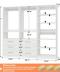Heavy Duty Modular Closet System For Walk In Spaces Six To Fifteen Feet With Six Drawers Eight Shelves And Five Hanging Rods Flexible Roomy Storage Solution White Finish layout with dimensions.