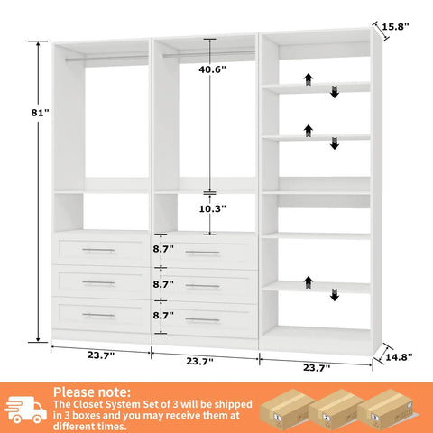 Heavy Duty Modular Closet System For Walk In Spaces Six To Fifteen Feet With Six Drawers Eight Shelves And Five Hanging Rods Flexible Roomy Storage Solution White Finish layout with dimensions.