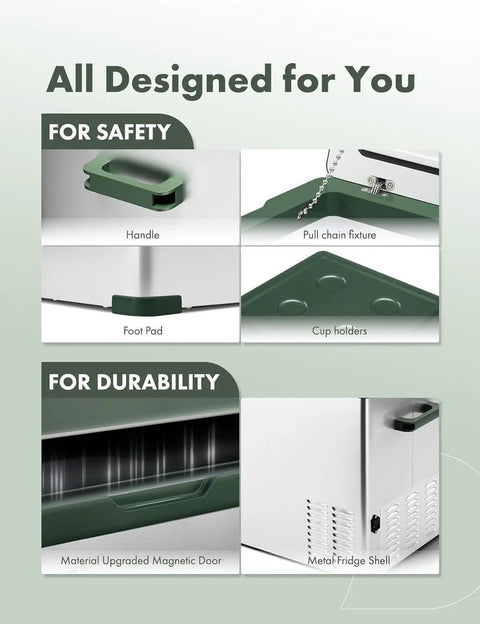 Features of Hella Spacious 47 Qt Portable Car Refrigerator including handle, magnetic door, and cup holders for safety and durability.