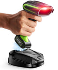 Hand holding Rugged 2D QR Industrial Barcode Scanner With Wireless Charging Stand Tough As Nails IP65 Waterproof 3 In 1 Bluetooth USB Wireless