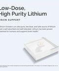 Image showing packaging of Lithium Orotate Brain Boost Support Supplement 60 Capsules Gluten Free Low Dose 5 Mg Per Serving Ultra Pure Mineral.