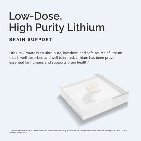 Image showing packaging of Lithium Orotate Brain Boost Support Supplement 60 Capsules Gluten Free Low Dose 5 Mg Per Serving Ultra Pure Mineral.