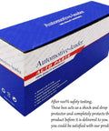 Blue and white Automotive-leader auto parts protective shipping box, top view