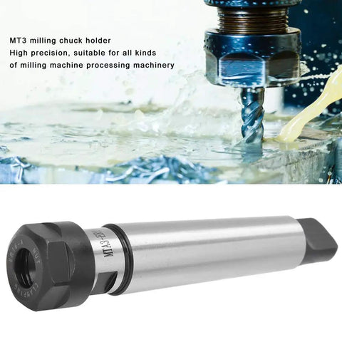 MT3 collet chuck holder in CNC milling operation with universal ER16 ER20 ER25 ER32 compatibility, precision tool holder.
