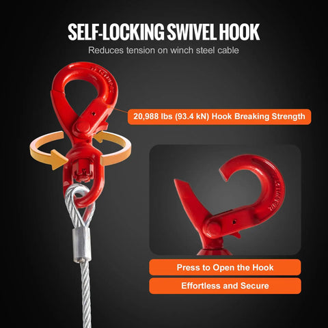 Beefy Heavy Duty 3/8 Inch By 100 Foot Steel Winch Cable With 15,200 Lbs Breaking Strength featuring self-locking swivel hook