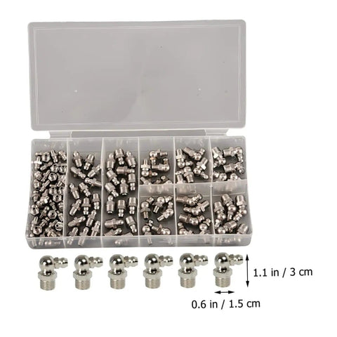 Open storage box with Grease Fitting Assortment Kit 10 Piece Set With Straight And Angled Nipples For Machines And Vehicles