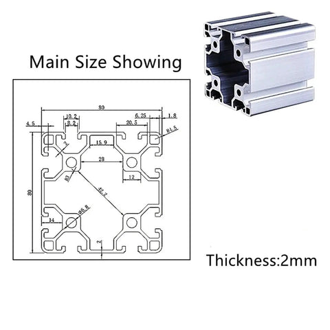 Technical drawing and side view of Workhorse 8080 Aluminum Profile 80x80mm Square Frame, 250mm Length, with 2mm thickness.