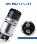 12V Weatherproof Push Button Start Switch With Black Neoprene Cap for cars trucks boats RVs and ATVs, heavy duty terminals shown