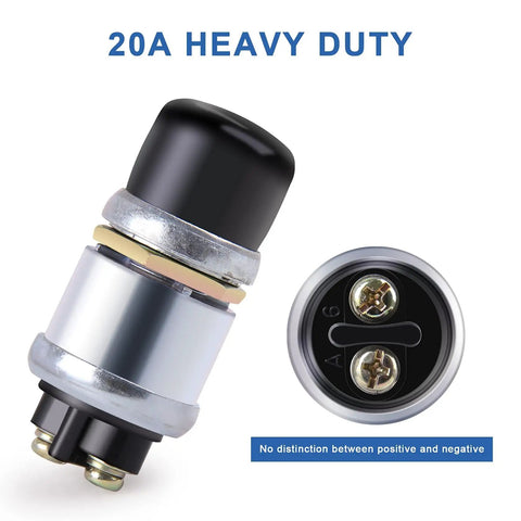 12V Weatherproof Push Button Start Switch With Black Neoprene Cap for cars trucks boats RVs and ATVs, heavy duty terminals shown