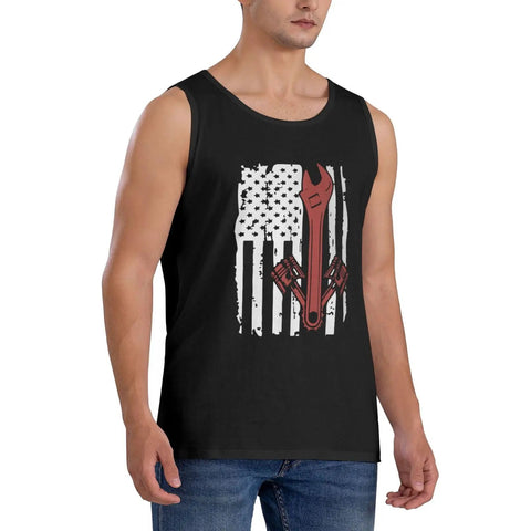Hella Comfy Mens Tank Top With Dope American Flag Print And Super Breathable Sleeveless Tee For Kickass Gym Sessions, black with wrench graphic.