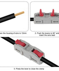 60 Piece Push In Lever Wire Nuts 1 In 1 Out Electrical Splice Connectors Slick No Sweat Tool Free Wiring Kit For Automotive And Household Circuits 28 To 12 AWG Black Red Set, step-by-step wire connection guide.