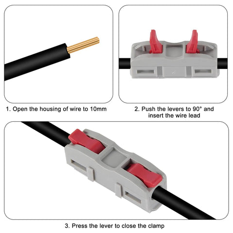 60 Piece Push In Lever Wire Nuts 1 In 1 Out Electrical Splice Connectors Slick No Sweat Tool Free Wiring Kit For Automotive And Household Circuits 28 To 12 AWG Black Red Set, step-by-step wire connection guide.