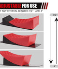 RV Camper Leveling Kit for Dual Axle Rigs with Curved Levelers Ramp 2 Wheel Chocks 2 Anti Slip Mats and Carry Bag for Travel Trailers and Motorhomes Plus showing red curved levelers adjustable between 1/2" and 4".