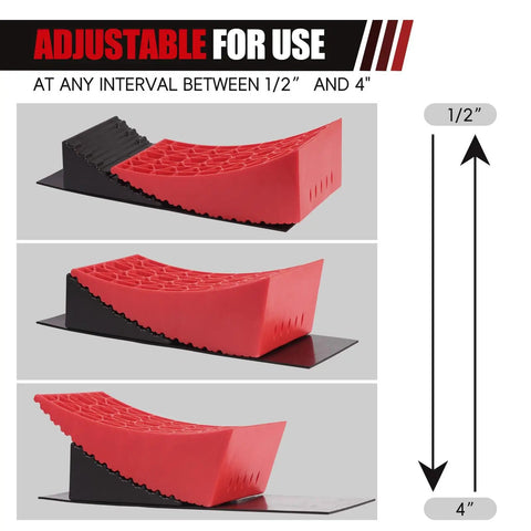 RV Camper Leveling Kit for Dual Axle Rigs with Curved Levelers Ramp 2 Wheel Chocks 2 Anti Slip Mats and Carry Bag for Travel Trailers and Motorhomes Plus showing red curved levelers adjustable between 1/2" and 4".