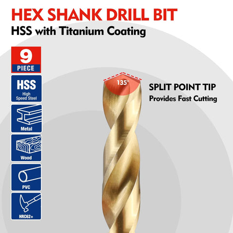 WORKPRO 9-piece HSS drill bit set with titanium coating and split-point tip, front view