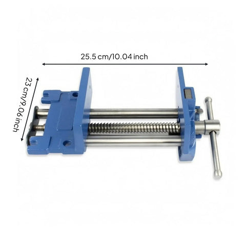Predolo 9 Inch Cast Iron Carpentry Bench Clamp Vise Mountable Workholding Tool with smooth tightening handle, showing blue body and threaded screw.