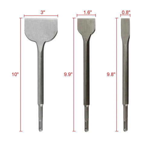 Six Piece SDS Plus Hammer Drill Chisel Set For Rotary Hammers Includes Tile Chisel And Gouge Chisels Two Wide Chisels Flat And Point Chisels Wear Resistant Chromium Vanadium Steel Bits Tough Grip Handle For Demolition showing dimensions of three chisels