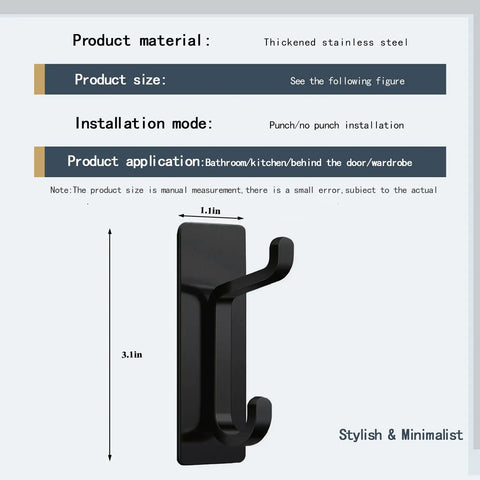 Heavy Duty Self Adhesive Hooks Matte Black Pack Of 3 Rust Proof Stainless Steel No Drill Wall Mount displayed with size and material details.