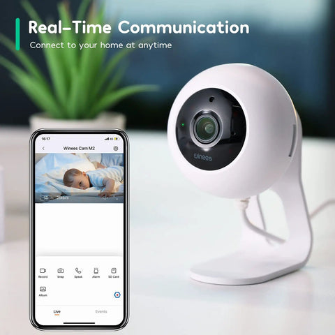2K Indoor Security Camera With 2 Way Talk And Motion Alerts, QHD Pet Monitor shown with mobile app interface and real-time communication.