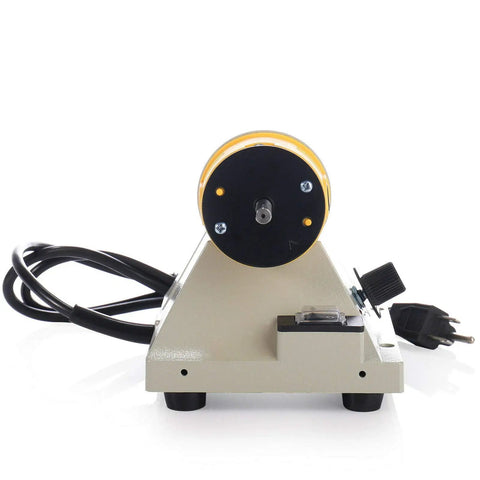 Front view of Jewelry Polishing Bench Buffer Machine 110V 350W TM2 Polisher Lathe with power cord and dustproof motor housing.