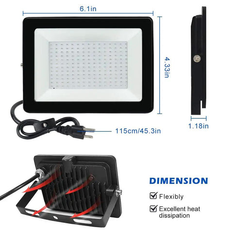 2 Pack 100W UV Flood Lights Blacklight For Outdoor Use IP66 Waterproof dimensions with UL plug and 3.3 foot cable view