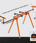 Rock Solid Folding Miter Saw Stand With Quick Three Step Setup And No Sweat Portable Design For Weekend Warrior Woodworking Projects And Ultra Compact Jobsite Storage with adjustable outriggers.