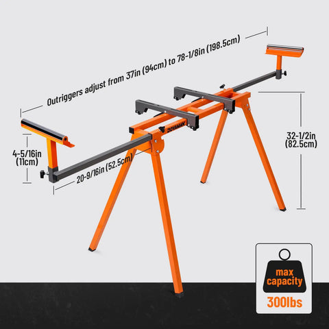 Rock Solid Folding Miter Saw Stand With Quick Three Step Setup And No Sweat Portable Design For Weekend Warrior Woodworking Projects And Ultra Compact Jobsite Storage with adjustable outriggers.