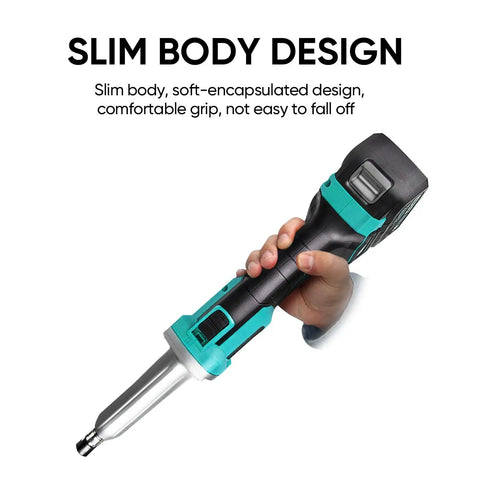 Beast Mode 20V Max Die Grinder Kit with brushless straight grinder held sideways, showcasing its slim body design and comfortable grip.