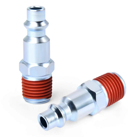 Two Quarter Inch NPT Male Industrial Air Plug 300 PSI Pneumatic Plugs showing pre-coated threads for air compressors.
