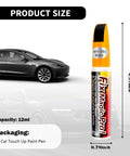 2-In-1 Car Touch Up Paint Pen With Brush And Nib For Quick Scratch Fixes, shown next to black car with dimensions 4.57x0.79 inch