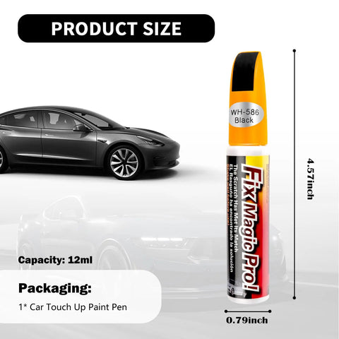 2-In-1 Car Touch Up Paint Pen With Brush And Nib For Quick Scratch Fixes, shown next to black car with dimensions 4.57x0.79 inch