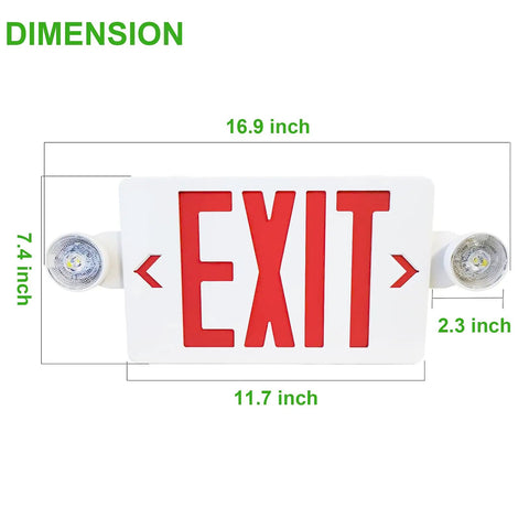 Dimensions of Red LED Exit Sign With Emergency Lights, Dual Adjustable Head Battery Backup, Fire Rated ABS Housing, UL Listed 120-277V