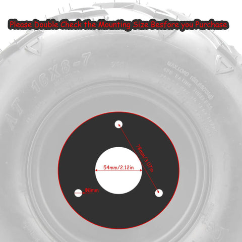 16x8-7 ATV Wheels 3 Hole 7 Inch Rim Tubeless Set Of 2 With Hubs Left And Right size diagram