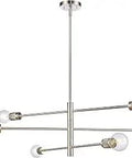 Module 34 Inch Wide Six Light Chandelier With Satin Nickel Finish, Dope Mid Century Modern Open Frame Design, Industrial Knurled Die Cast Sockets