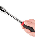 Hand holding Half Inch Drive Ten And One Half Inch Quick Release Comfort Grip Ratchet With 90 Tooth Gear And Ultra Compact Head