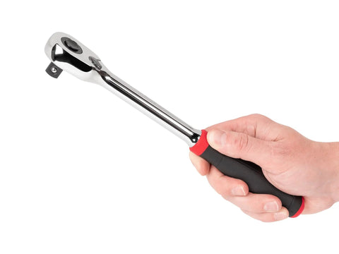 Hand holding Half Inch Drive Ten And One Half Inch Quick Release Comfort Grip Ratchet With 90 Tooth Gear And Ultra Compact Head
