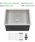 Undermount stainless steel laundry sink, 21x18x12 inches, with drain, grid, and strainer, metallic finish, top view