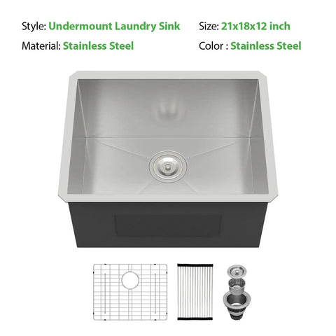 Undermount stainless steel sink with accessories and drainboard, 21x18x12 inch for kitchen or laundry use