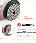 Close-up of 4-inch dry diamond polishing pad on grinder with speed warning, part of set for granite marble stone sanding without water needed.