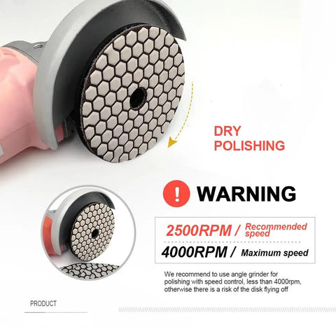 Four Inch Dry Diamond Polishing Pads Grit 100 for Granite Marble Stone, on grinder indicating recommended speed for safe polishing.