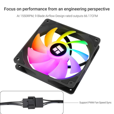 Three Pack 120mm ARGB CPU Case Fan With PWM 4 Pin Silent S FDB Bearing Up To 1550 RPM showing multicolor lighting and connector