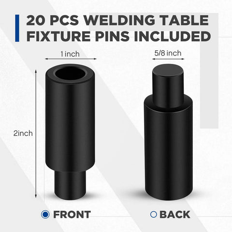 Two Inch Welding Table Fixture Pins Set, Twenty Pcs, Top Diameter One Inch, Bottom Diameter Five Eighths Inch, front and back view.