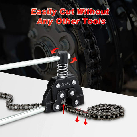 Black detacher breaker chain tool for 25-60 size roller chains with handle and clamp