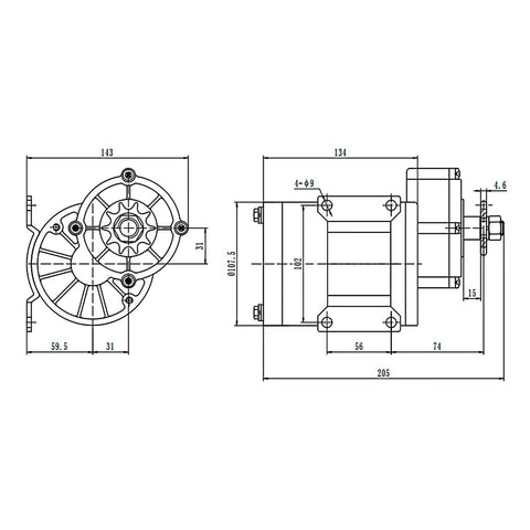 Heavy Duty Brushed DC Motor Gear Reduction Unit, 48V 600W 450 Rpm Electric Bike Conversion Kit technical drawing with dimensions.